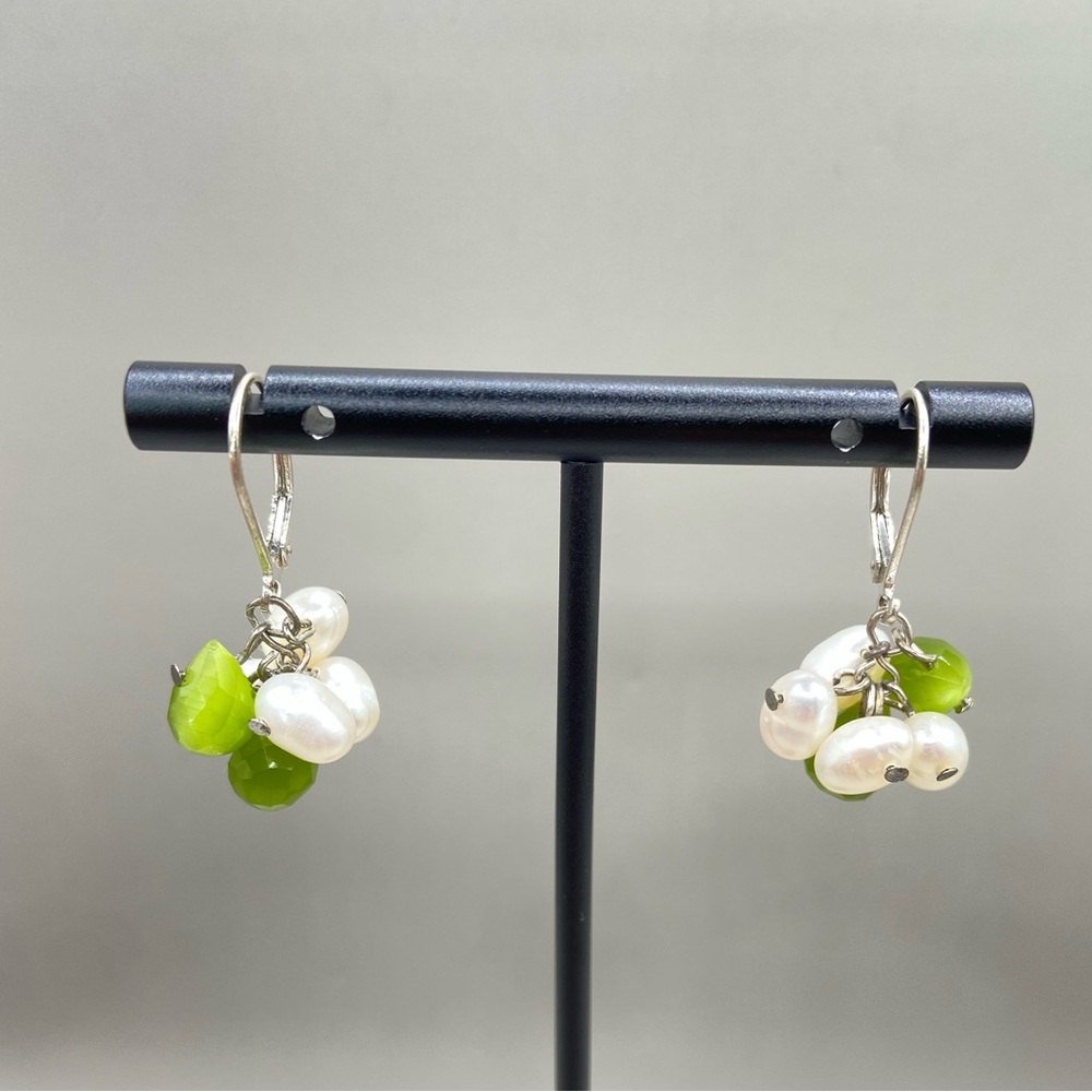 Sterling Silver Pearl Green Gemstone Cluster Earrings